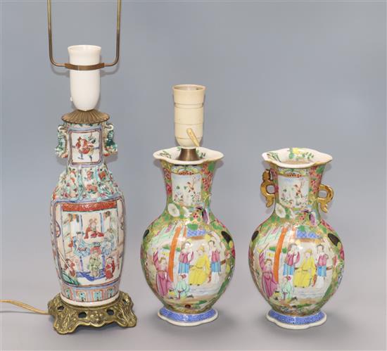 Three 19th century Chinese famille rose vases mounted as lamps